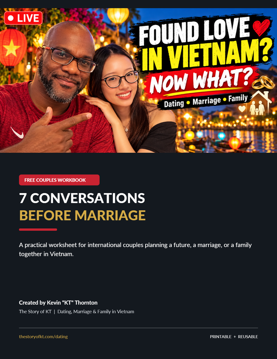 Cover of 7 Conversations Before Marriage in Vietnam workbook featuring KT and Ngan