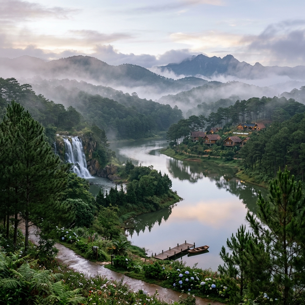 Rừng thông mờ sương và hồ nước trên núi tại Đà Lạt, Việt Nam
