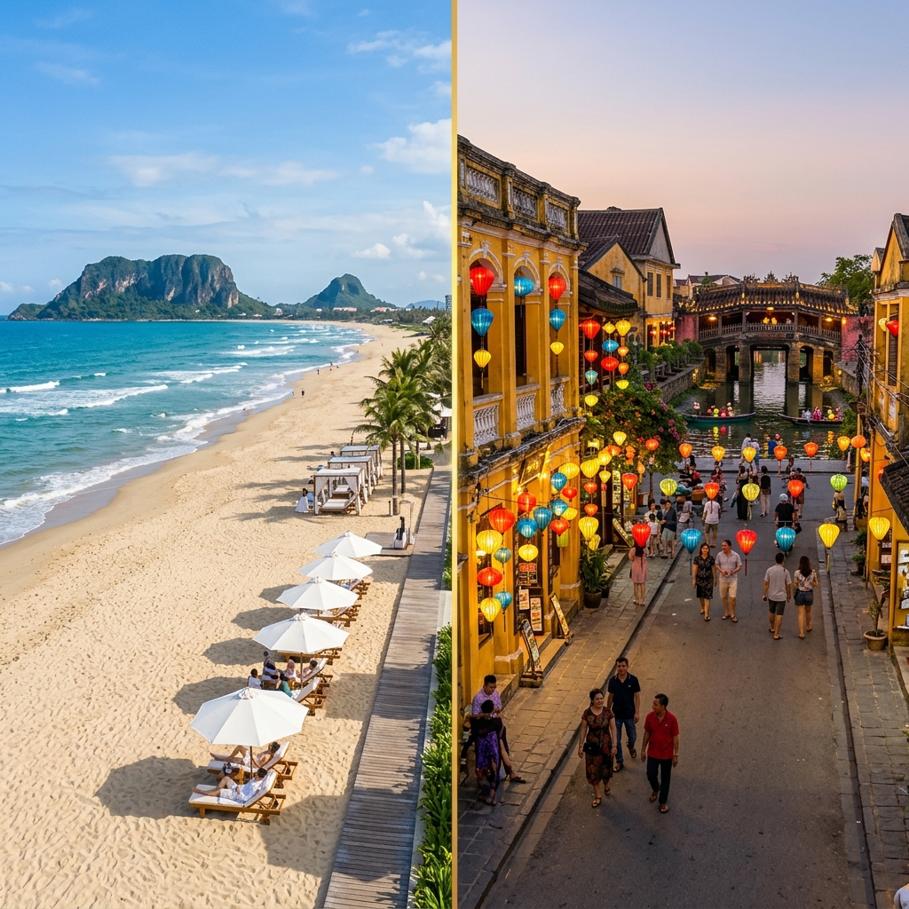 Bờ biển Đà Nẵng và những chiếc lồng đèn rực rỡ tại phố cổ Hội An, Việt Nam